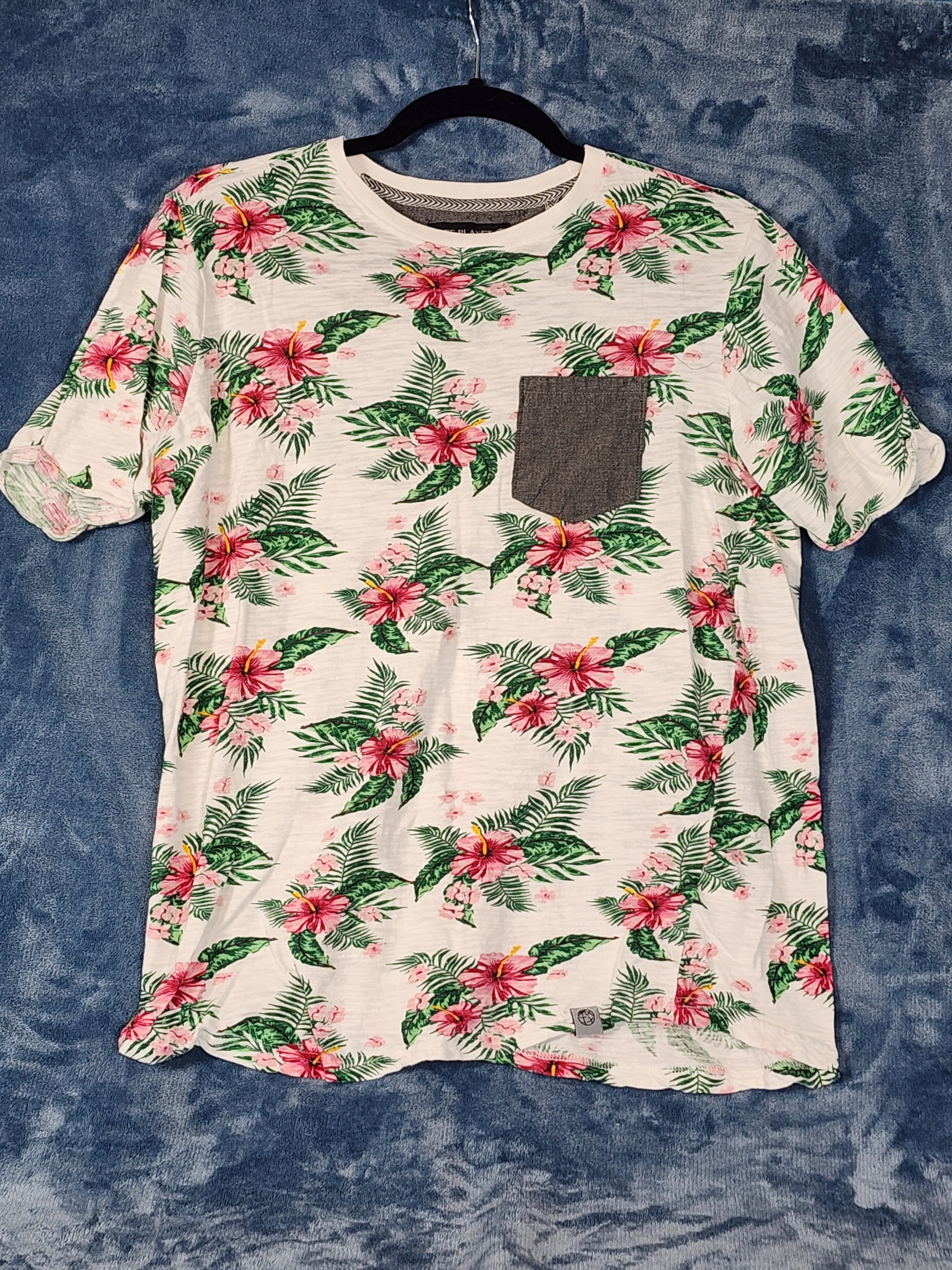 Free Planet White Short-Sleeve Tee With Pink Floral Print And Gray Pocket